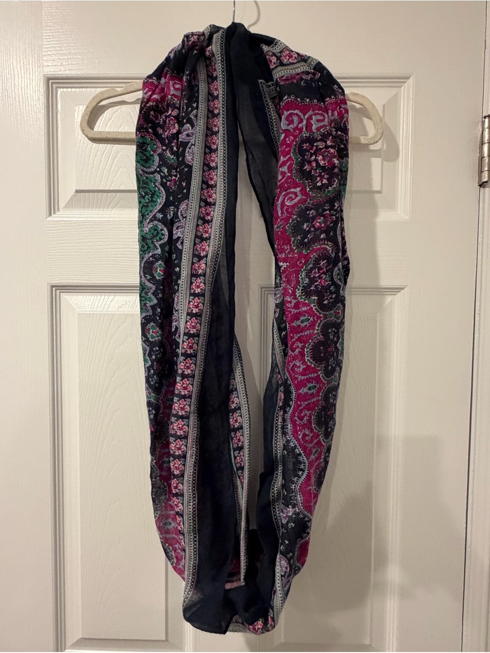 Navy Paisley Infinity Scarf with Pink and Green Accents